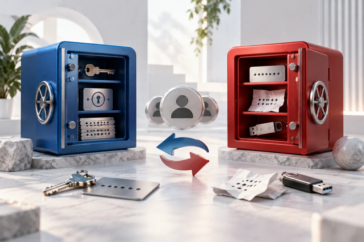 Concept illustration: A blue vault and red vault shown equally with different recovery-key arrangements, neutral account tokens between them, white architectural studio, no logos.