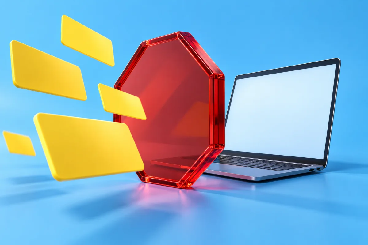 A red octagonal glass shield protects a laptop from floating yellow advertising cards.
