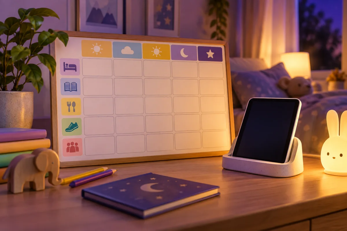 Concept illustration: A household weekly routine board with blank blocks beside a tablet tucked into a bedtime charging stand, violet and yellow warm evening room, no logos.