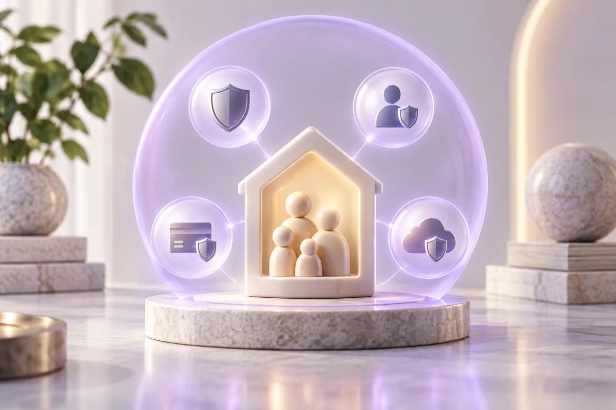 Concept illustration: A pearl household account hub connecting four different security modules inside a soft translucent purple halo, calm white studio, no logo or interface claims.
