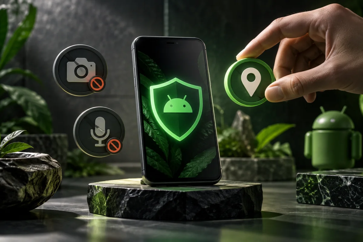 A phone with a green shield beside camera, microphone and location permission symbols.