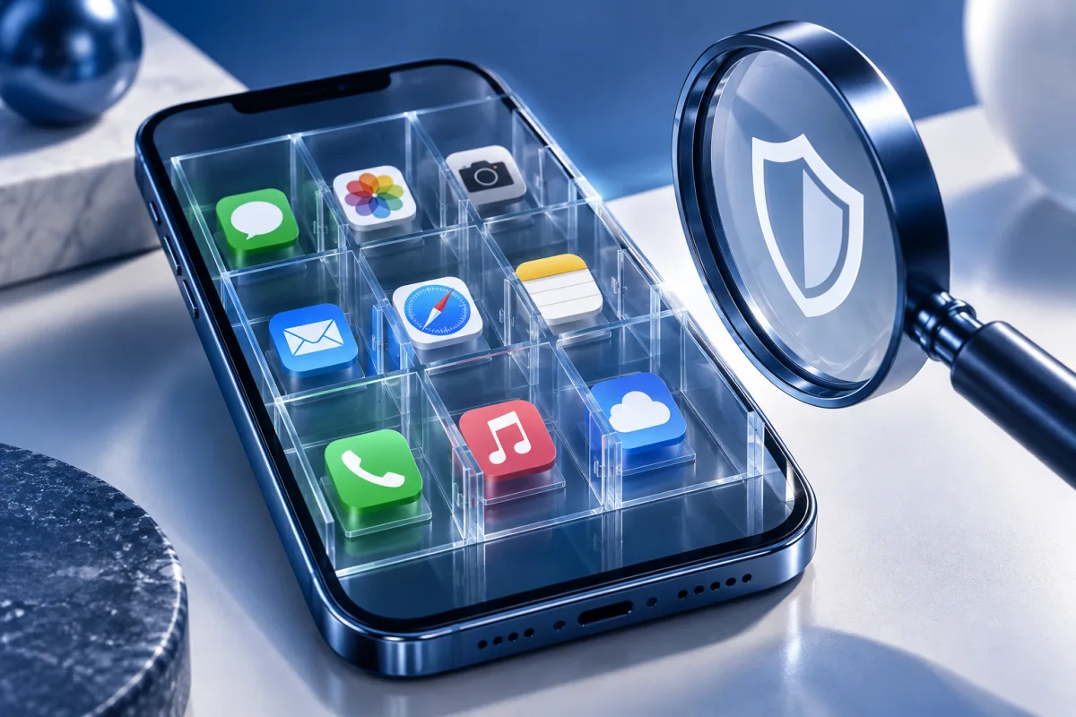 A magnifying glass beside a phone with app symbols in separate glass compartments.