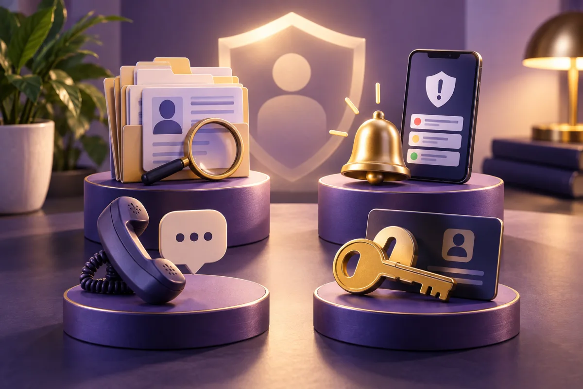 Concept illustration: Four distinct identity-recovery toolkits on purple platforms, document folder, alert bell, telephone and account key, optimistic warm studio light.