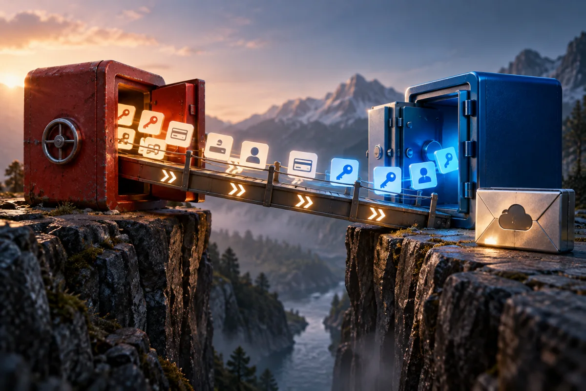 Concept illustration: A secure transfer bridge carrying abstract credential tokens from an old red vault to a new blue vault with a backup envelope nearby, careful migration metaphor.