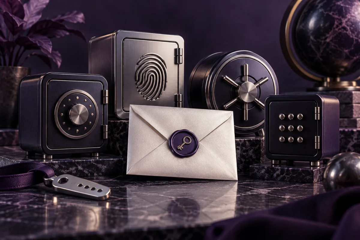 Concept illustration: Several different small digital vaults with unique key patterns and a recovery envelope, midnight purple and polished silver still life, no passwords shown.