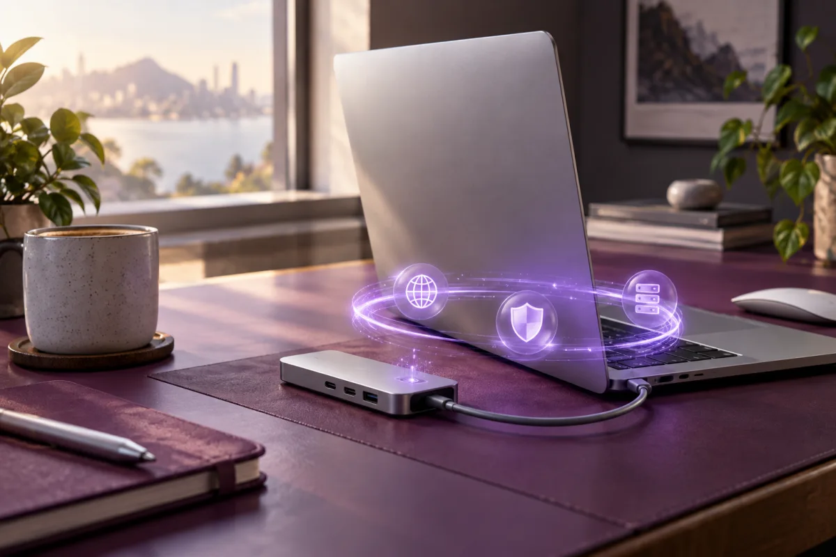 A silver laptop and network adapter surrounded by violet connection symbols.