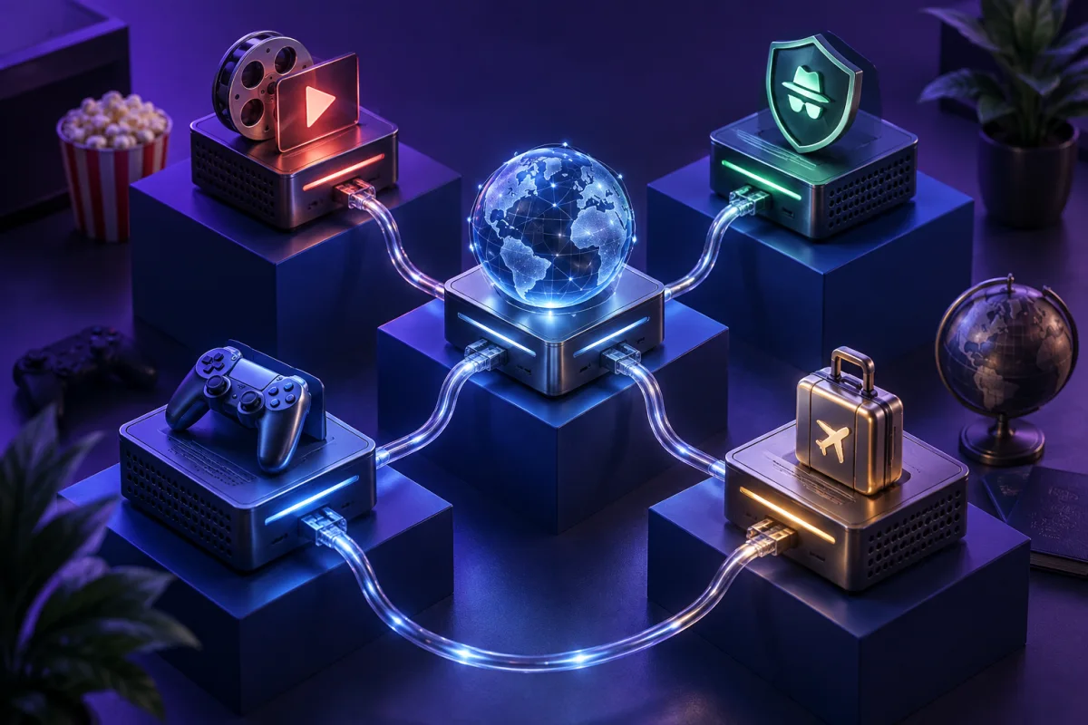 Small network modules connect gaming, streaming, travel and privacy objects to a globe.