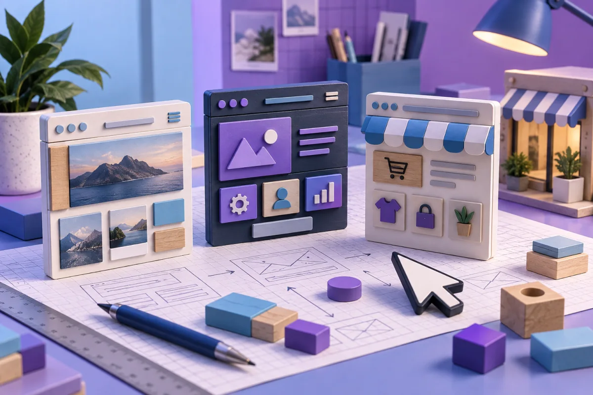 Concept illustration: Three different miniature websites built from modular physical blocks on drafting paper, a pointer tool and a small storefront model, violet and sky blue studio.