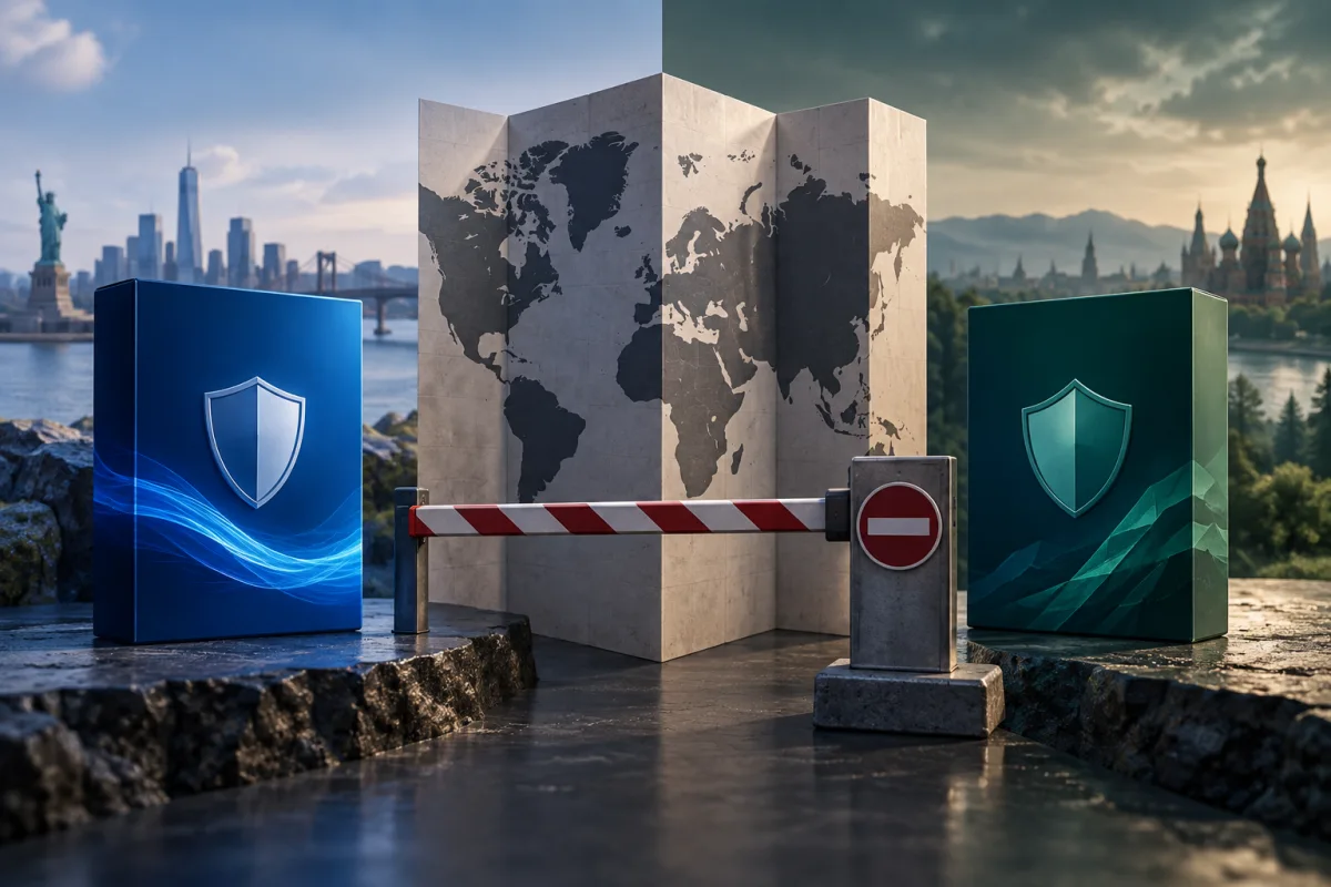 Blue and green security packages beside a folded world map and a closed barrier.