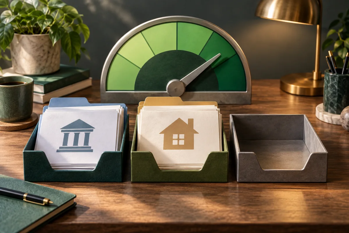 Concept illustration: A green gauge with deliberately unnumbered scale beside two separate report folders and a third empty holder, explanatory credit coverage still life, no logos.