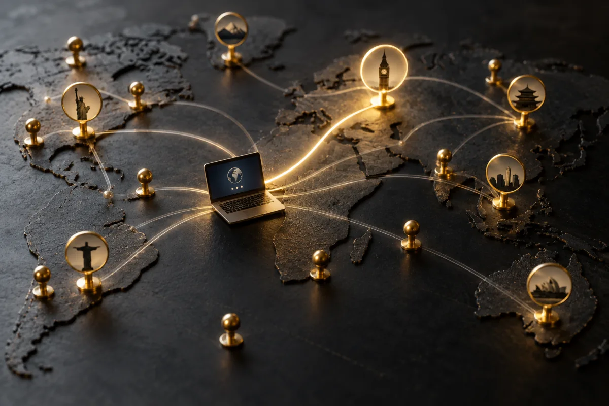 A miniature laptop connects to gold location markers on a dark world map.