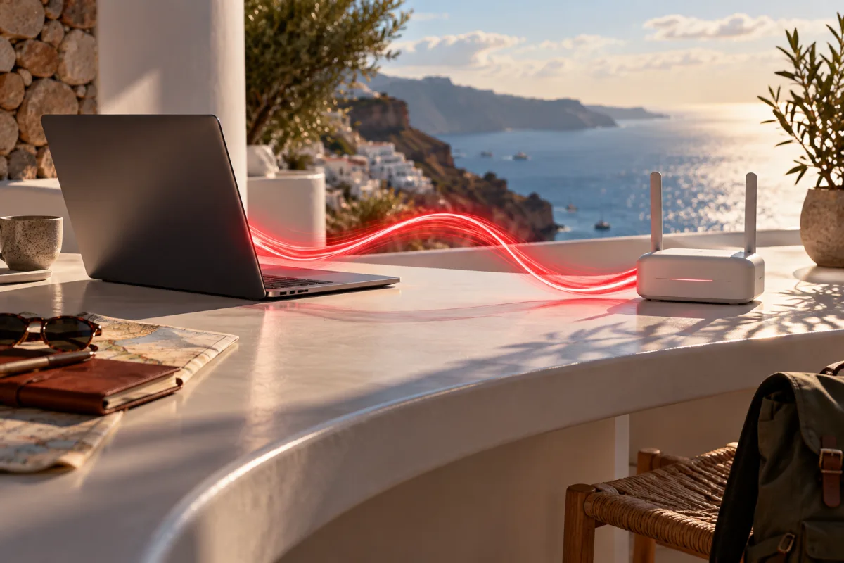 A red connection path links a laptop and router overlooking a coastal town.