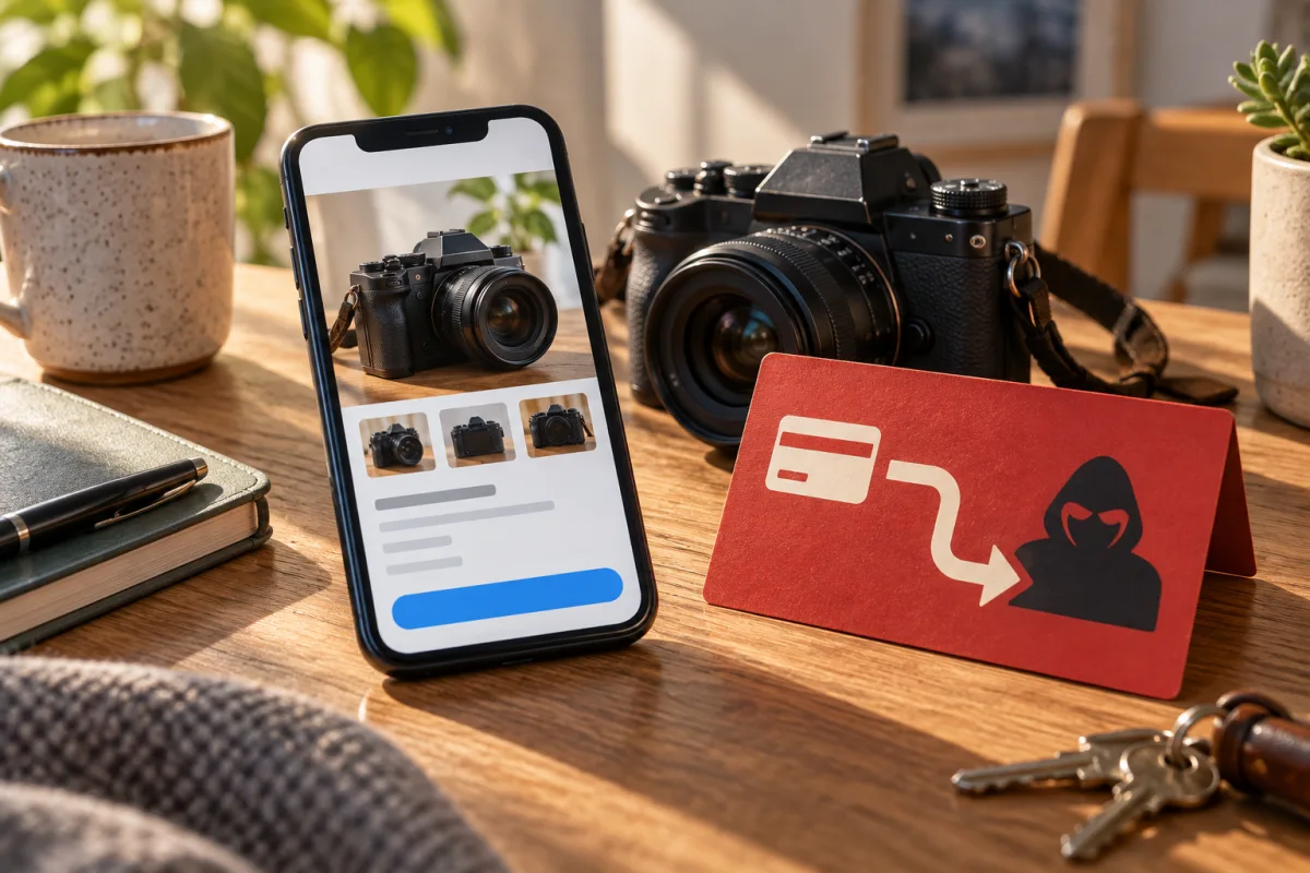 Concept illustration: A second-hand camera offered on a generic marketplace phone screen, a suspicious payment detour symbol on a separate red card, sunlit tabletop, no brand interface.