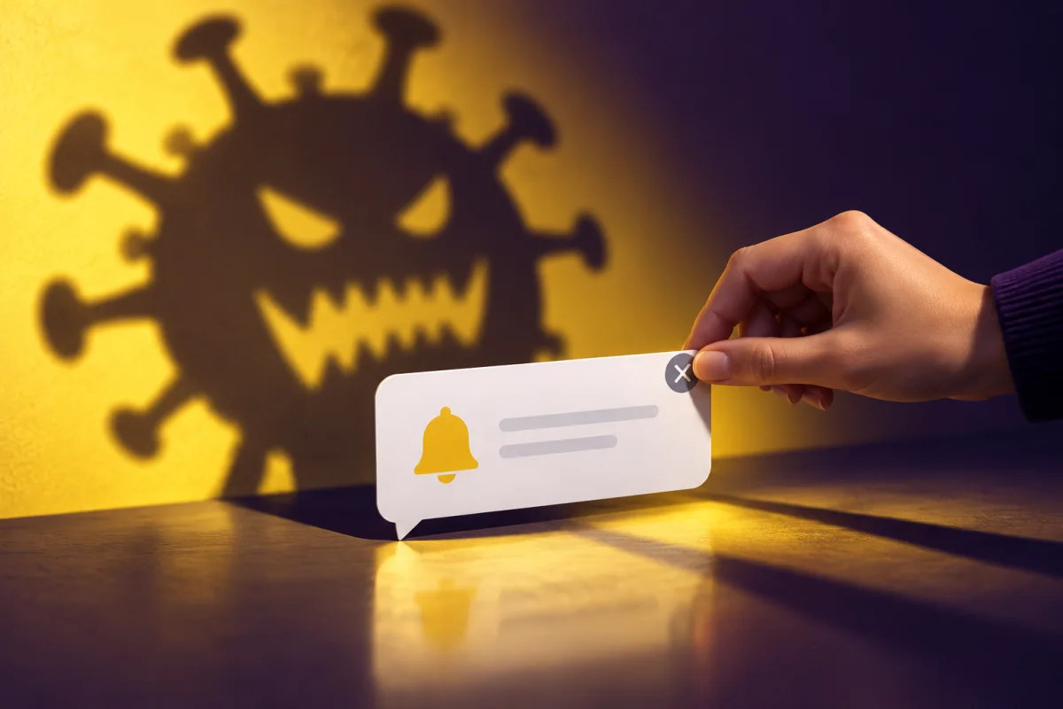 Concept illustration: A browser notification bubble casting an oversized misleading shadow, a calm hand closing its small corner button, yellow and dark violet scene, no written warning.
