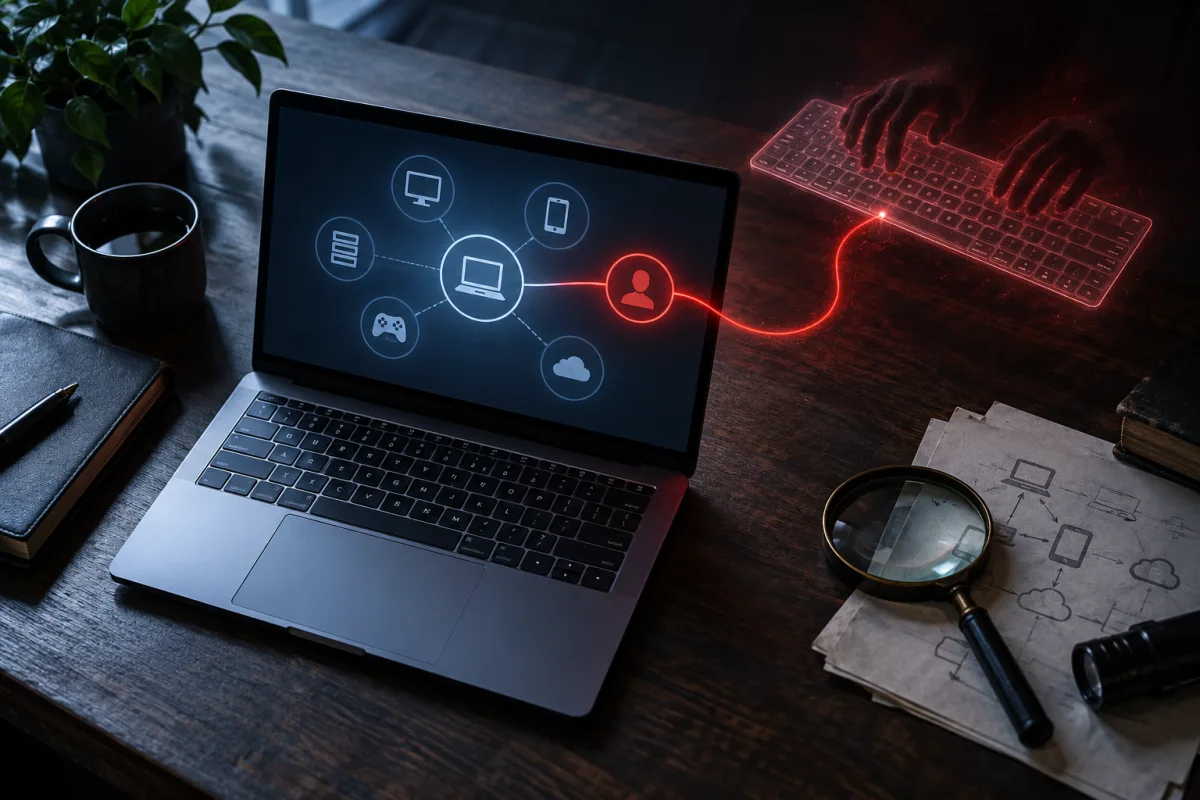 A laptop network diagram with an unexpected red connection to a shadowy keyboard.