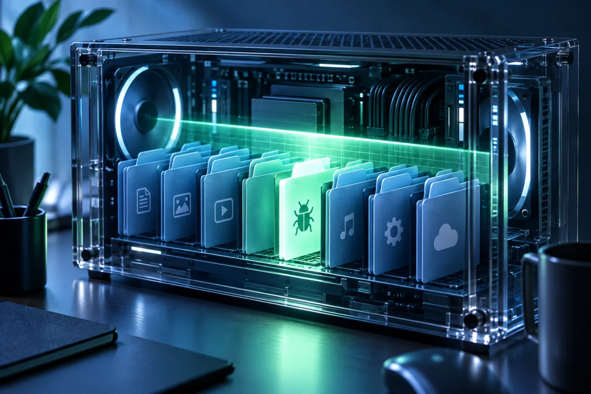 A scanning beam crosses rows of file folders inside a transparent computer case.