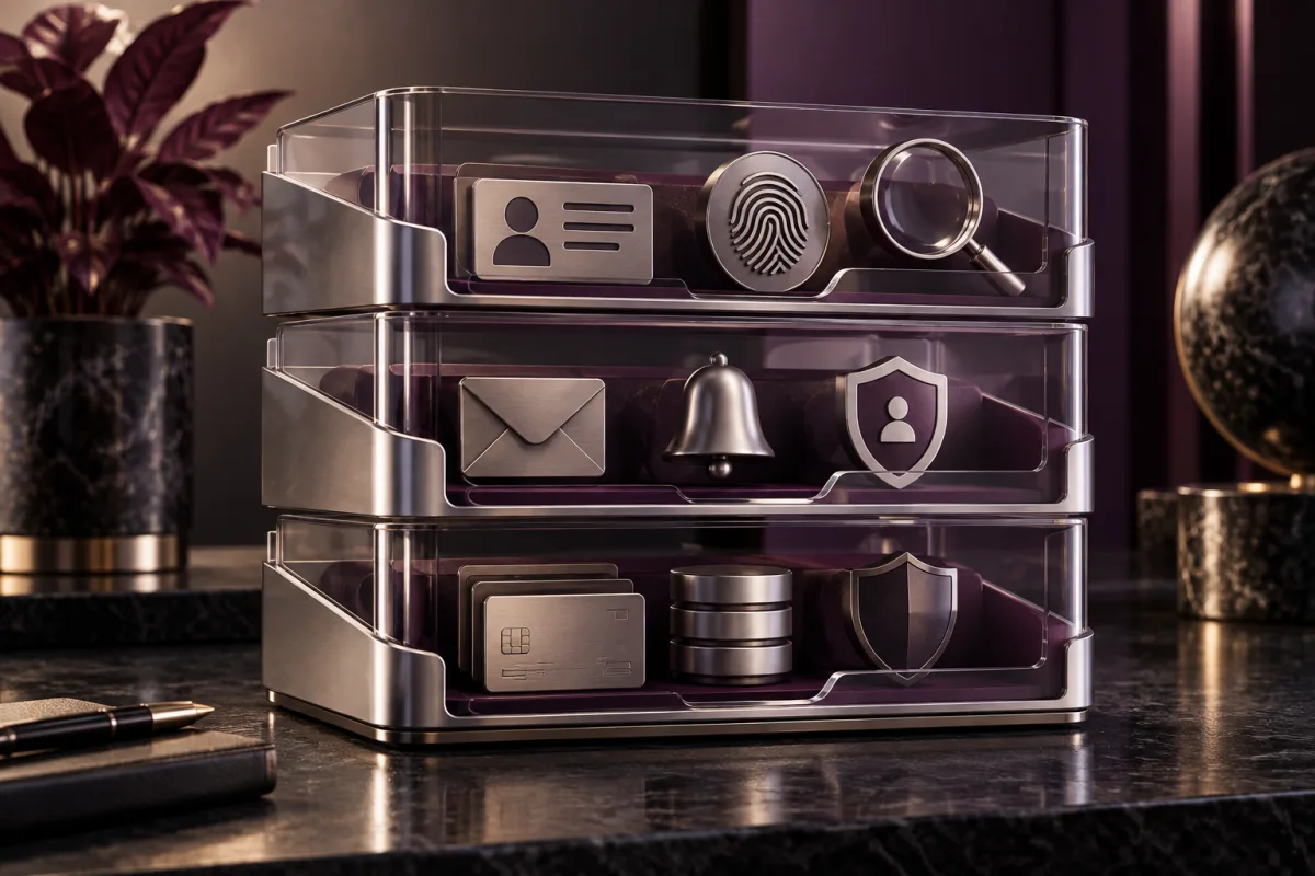 Concept illustration: Three stacked transparent identity-monitoring trays with different tools in each tier, silver and deep plum material, side-on product study, no logos.