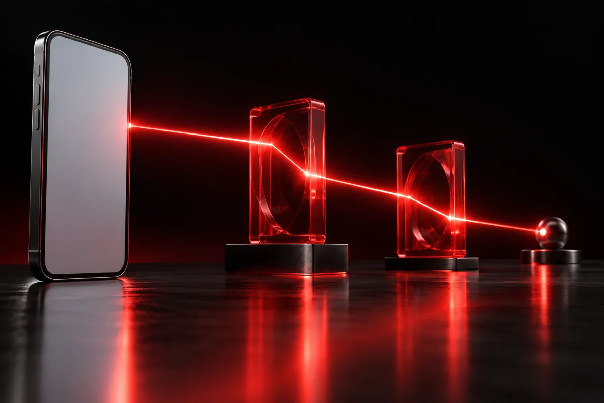 A red light path links a smartphone to a distant node through two translucent network gates.