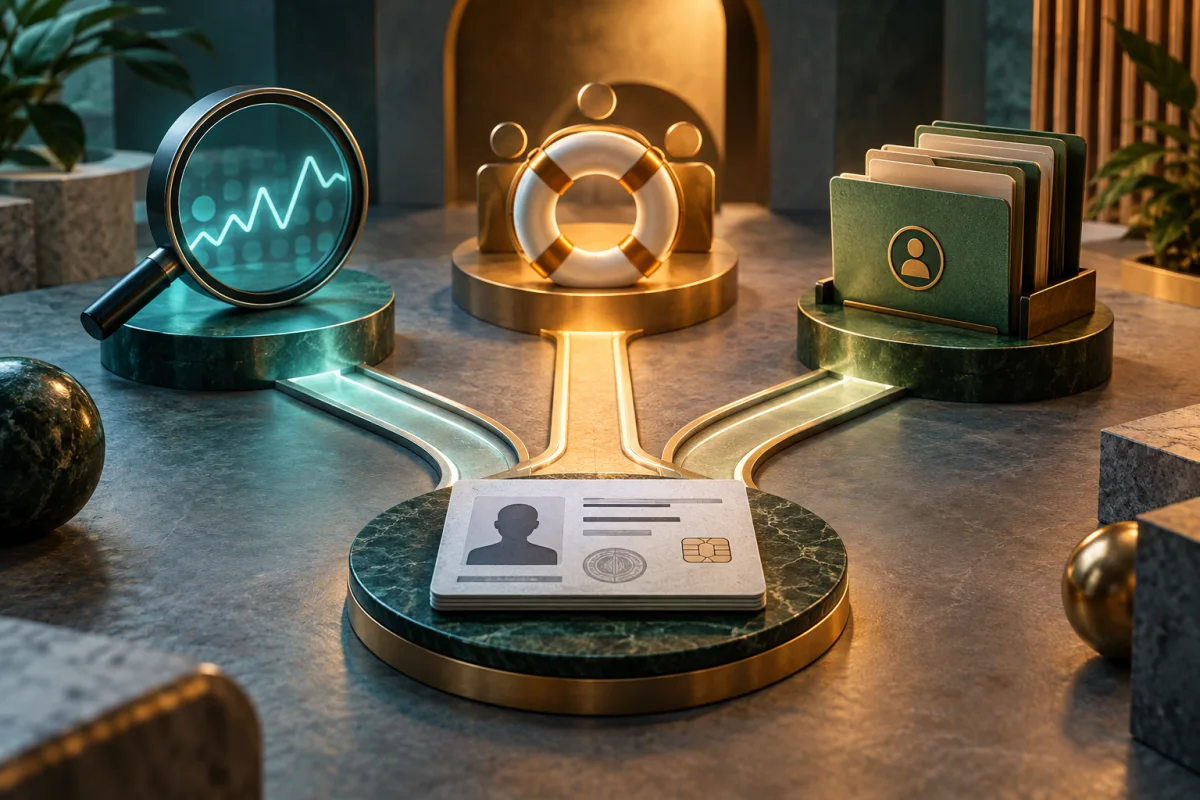 Concept illustration: Three different pathways leading from an identity document to monitoring, restoration support and self-managed records, teal and amber architectural tabletop, no logos.