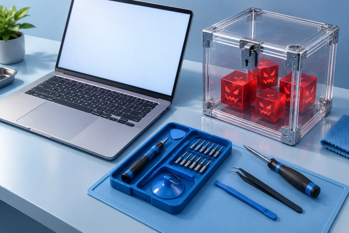 A blue repair toolkit sits beside a laptop and a sealed box containing red threat cubes.