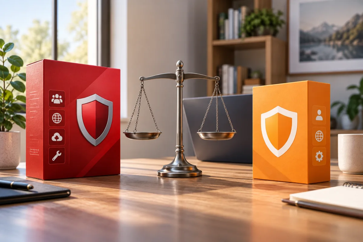 Red and orange security packages stand beside a balanced set of scales.
