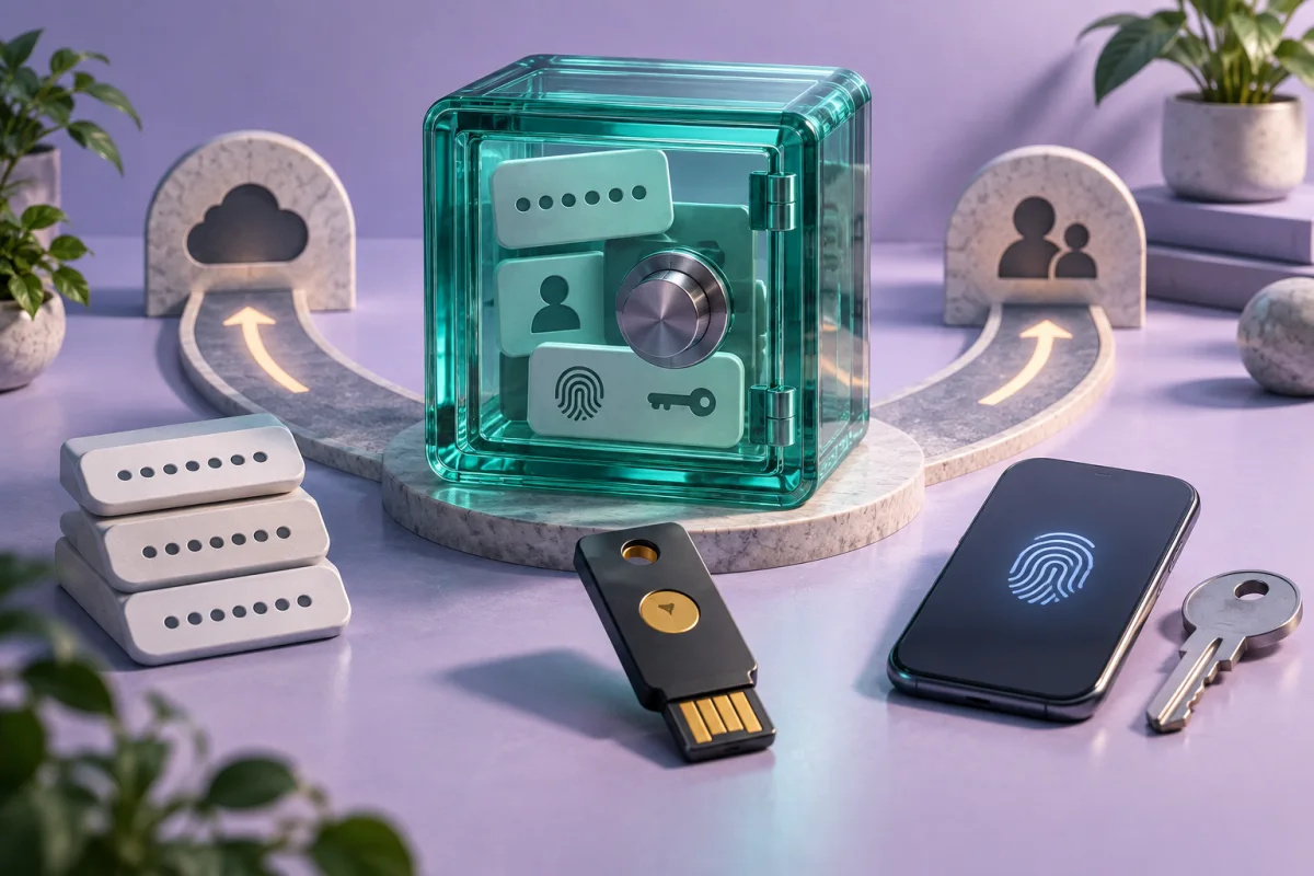 Concept illustration: A turquoise glass password vault with a security key and two distinct recovery paths, soft lavender tabletop and precise shadows, no logo or real app interface.
