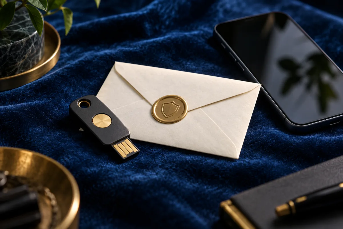 Concept illustration: A physical security key beside a sealed recovery envelope and a backup phone on a blue velvet surface, intimate macro shot.