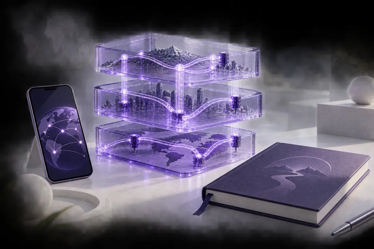 Violet glass network layers beside a phone and closed documentation book.
