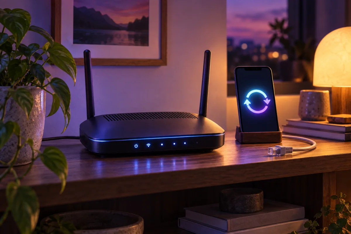 Concept illustration: A home router with a glowing circular update arrow on a nearby phone and an unplugged spare cable, violet evening shelf with warm lamp, no text.
