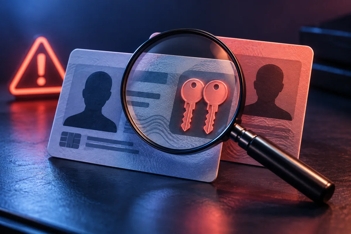 Concept illustration: Two overlapping identity-card silhouettes with a magnifying lens revealing an unexpected duplicate key, indigo studio with coral warning accent, no personal data.