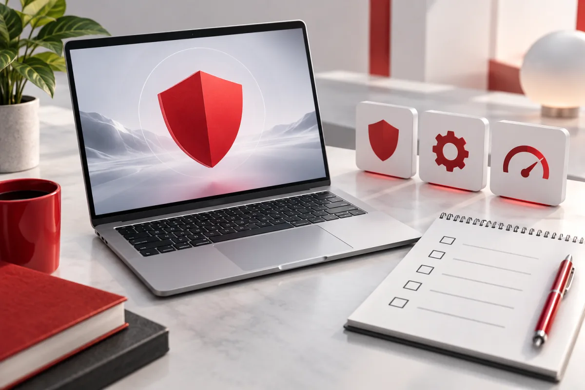 A laptop showing a red shield beside feature symbols and a blank checklist.