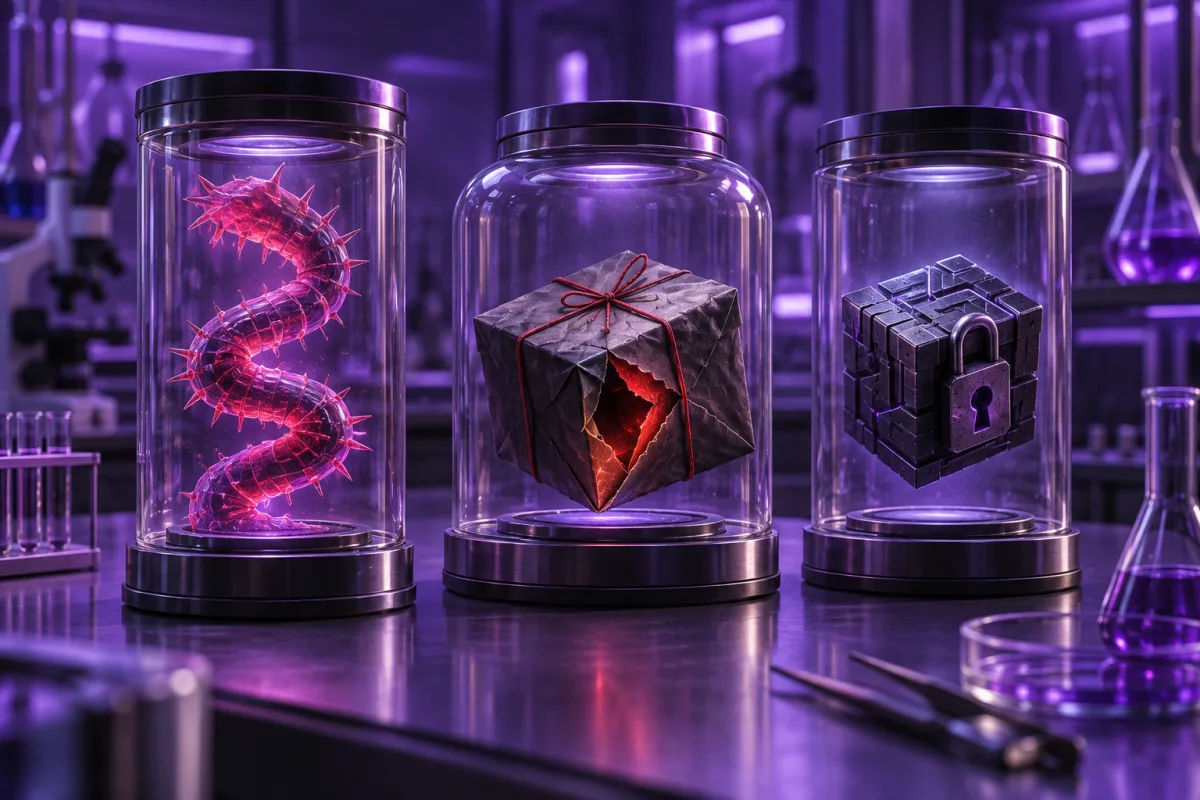 Three glass specimen jars hold a glowing worm, a damaged package and a locked cube.